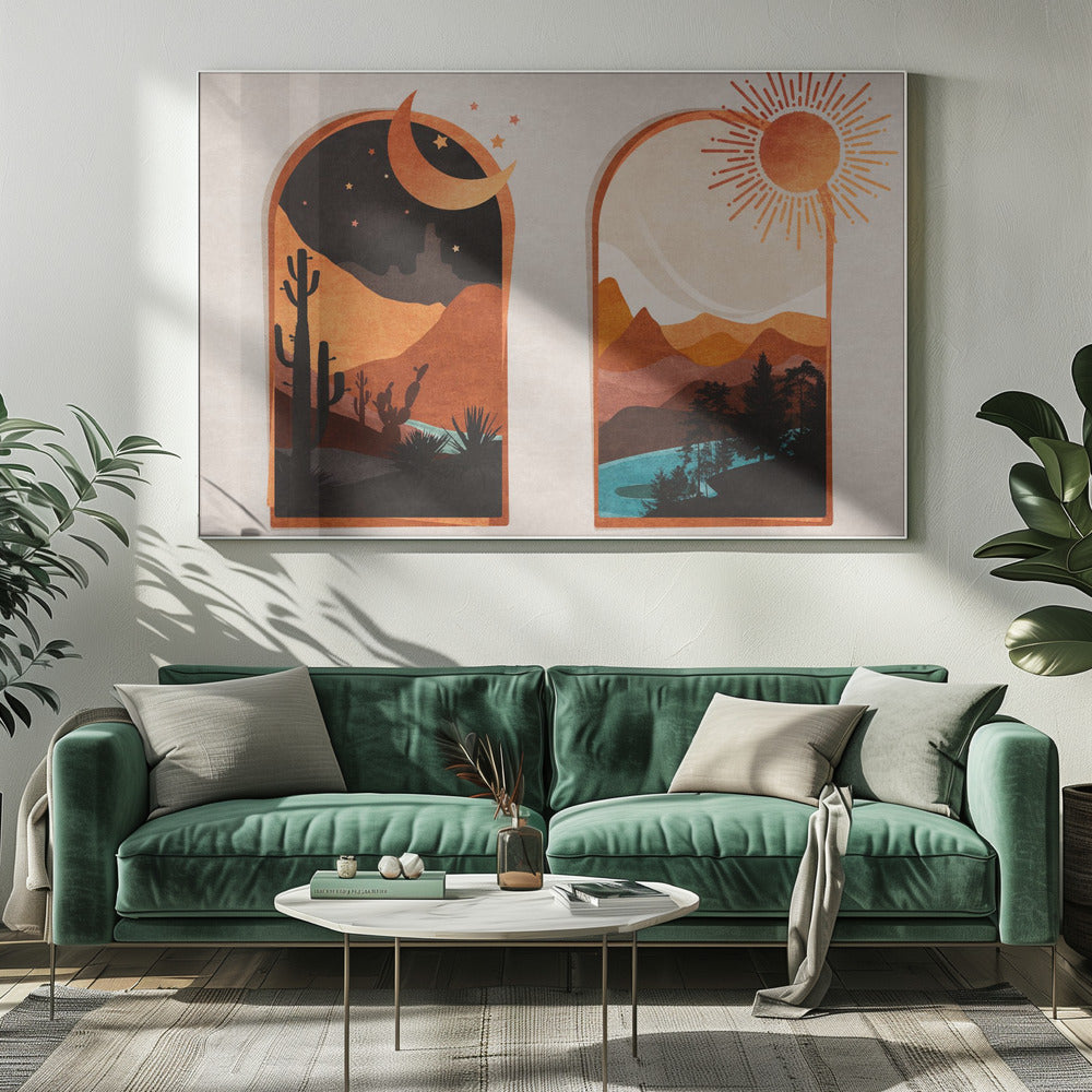 Zonsopgang en zonsondergang in de woestijn | Canvas