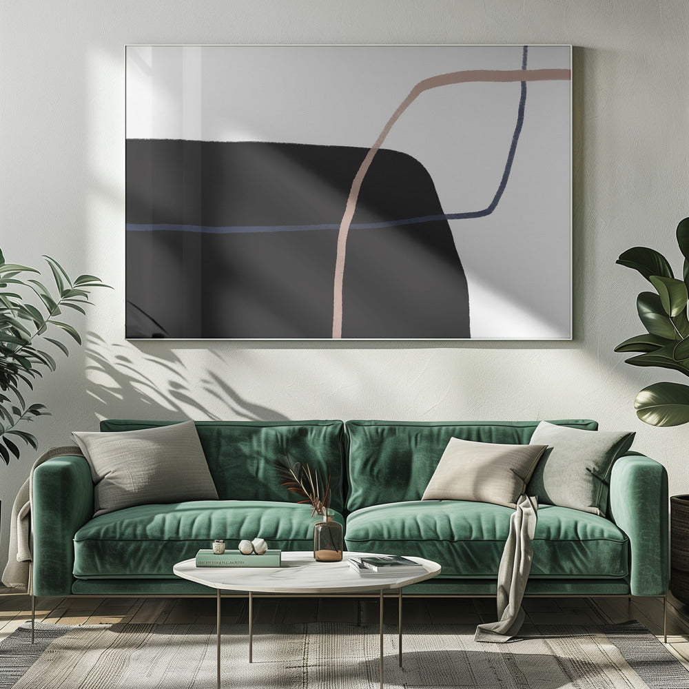 Kruisende lijnen en opvallende zwarte vormen | Canvas