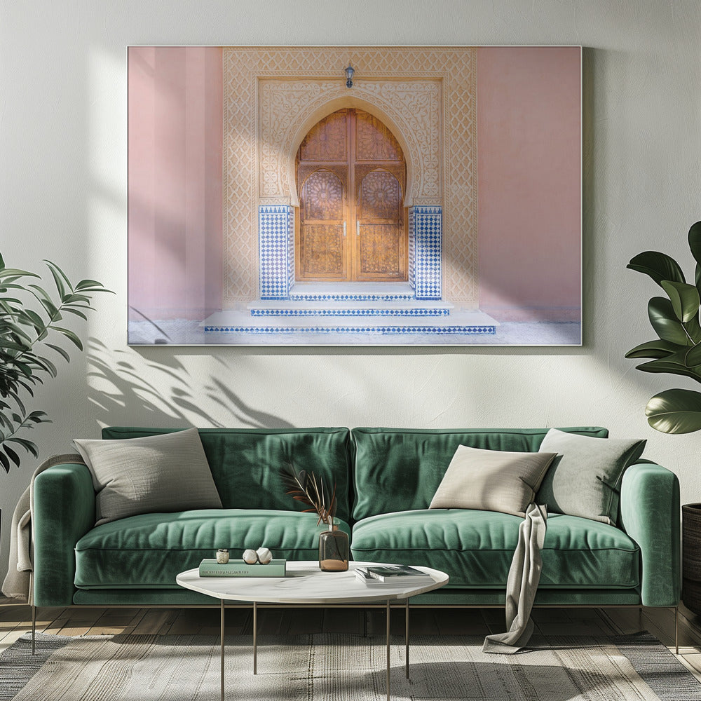 Bruine deur, blauwe tegels, roze muur in Marokko | Canvas