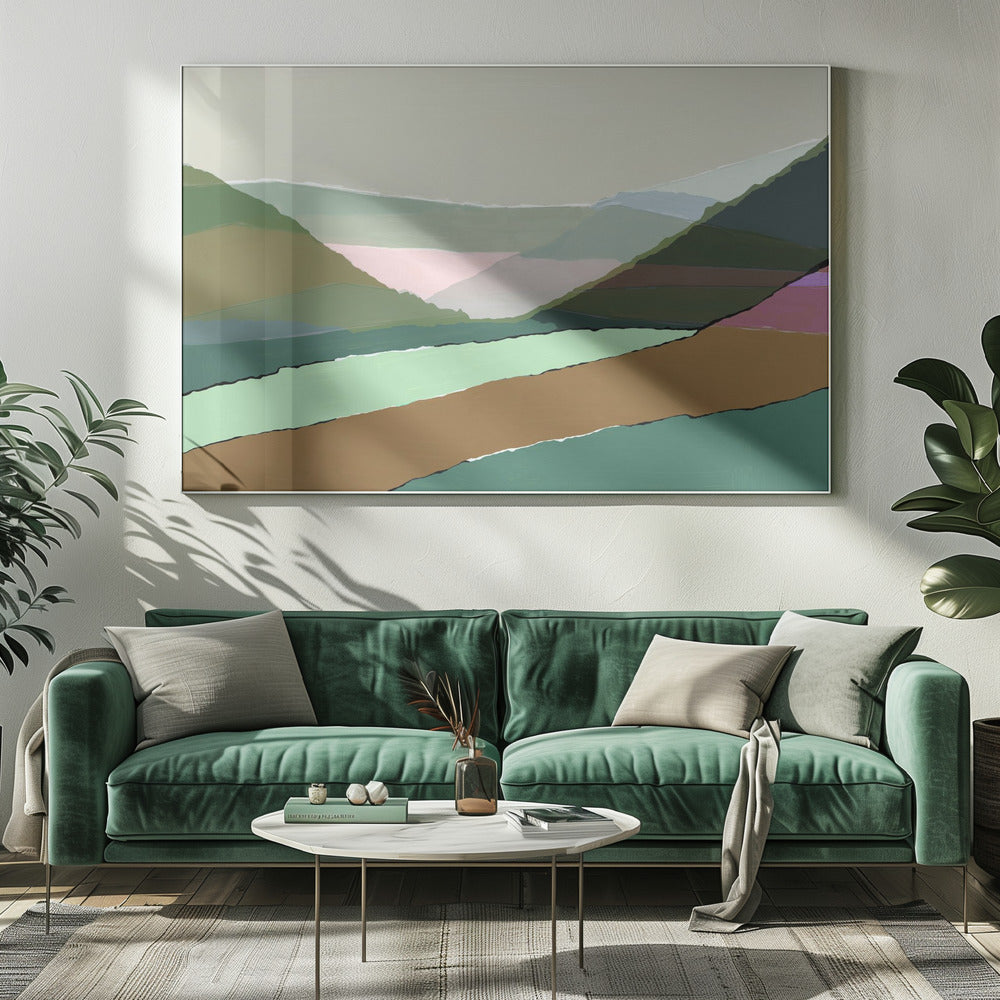 Gelaagde bergen en valleien in gedempte aardse tinten | Canvas
