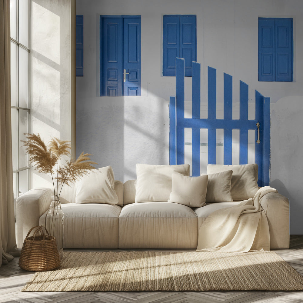 witkalk en blauwe verf | Behang