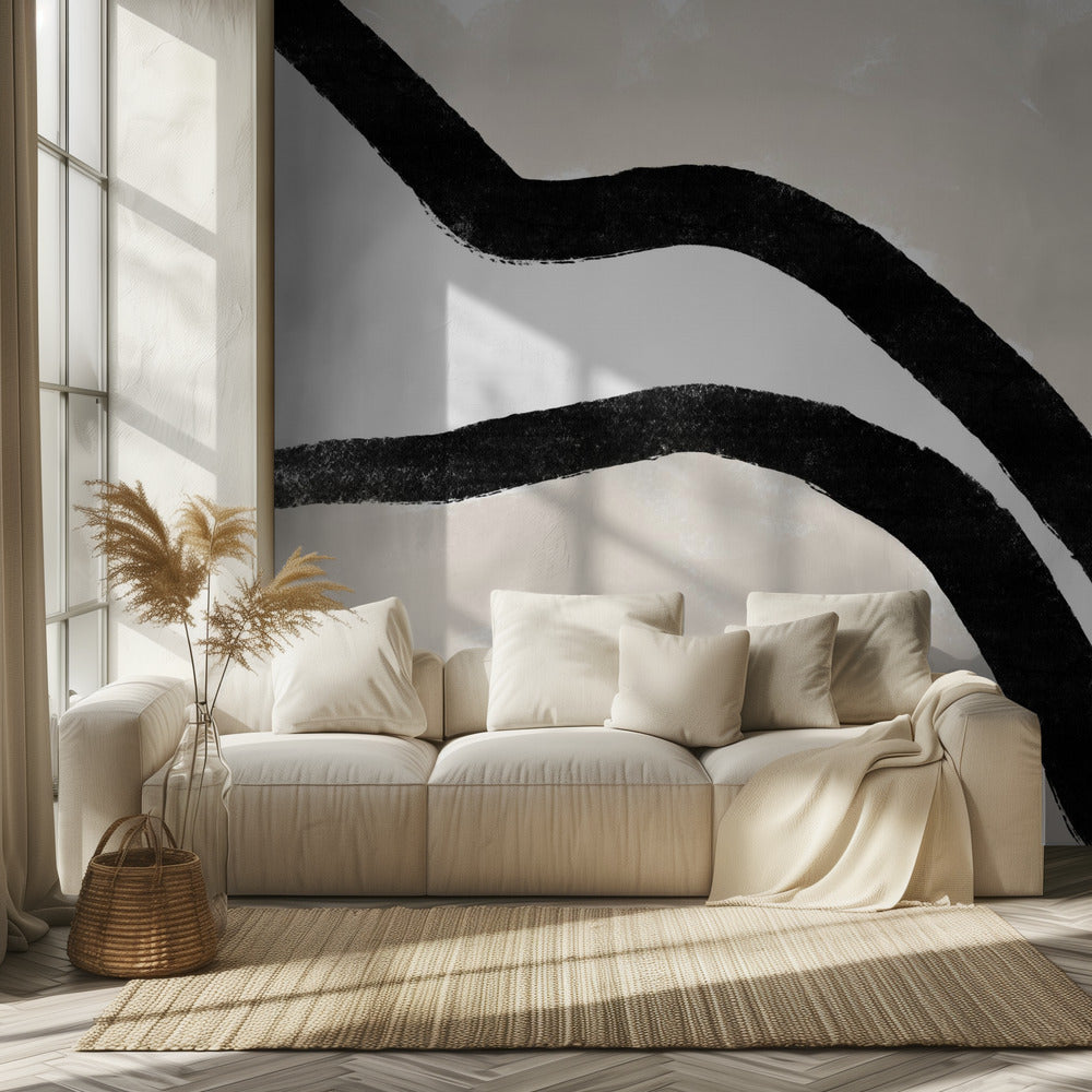 Zwarte rondingen op een getextureerde beige achtergrond | Behang