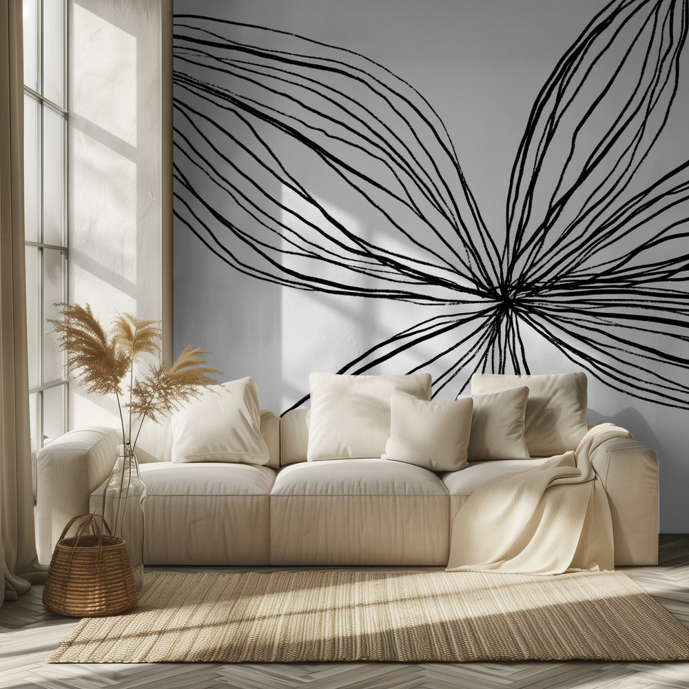 Minimalistische zwart-witte bloemblaadjes | Behang