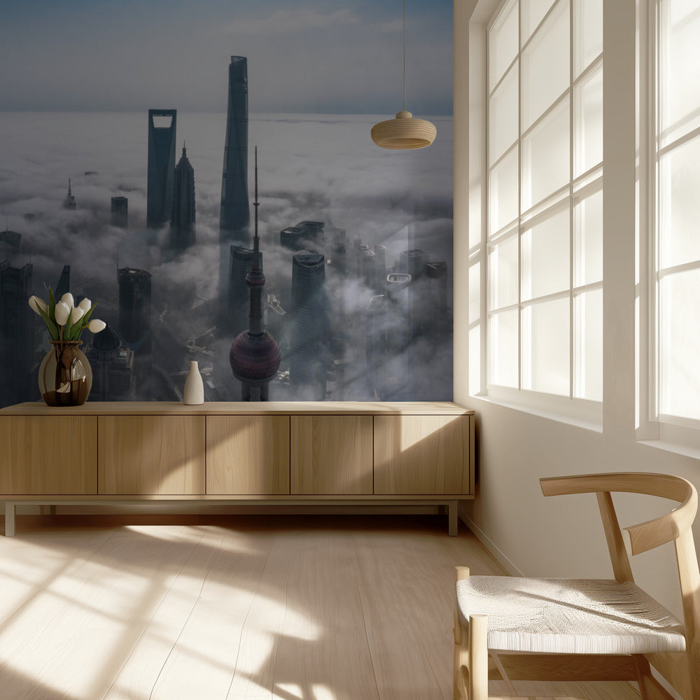 Shanghai in de mist van bovenaf | Behang