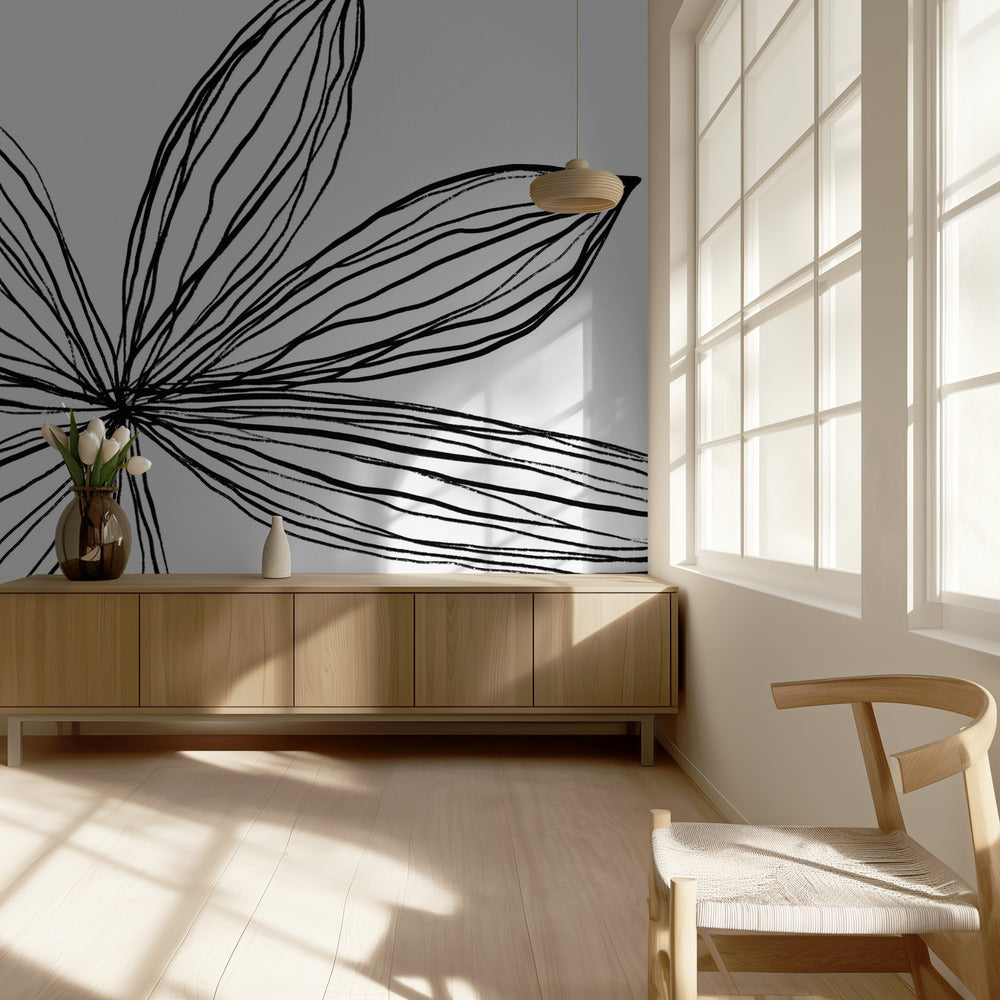 Minimalistische zwart-witte bloemblaadjes | Behang