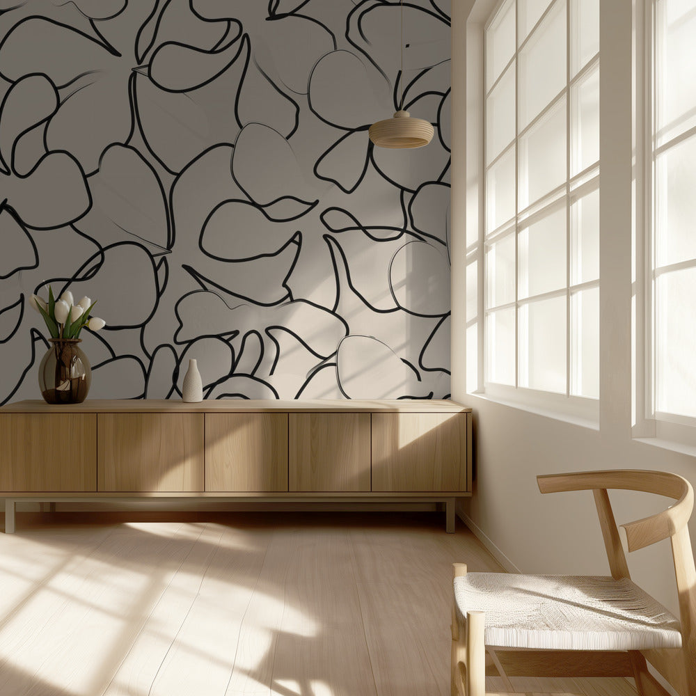 Elegante bloemenlijnkunst op een neutrale achtergrond | Behang