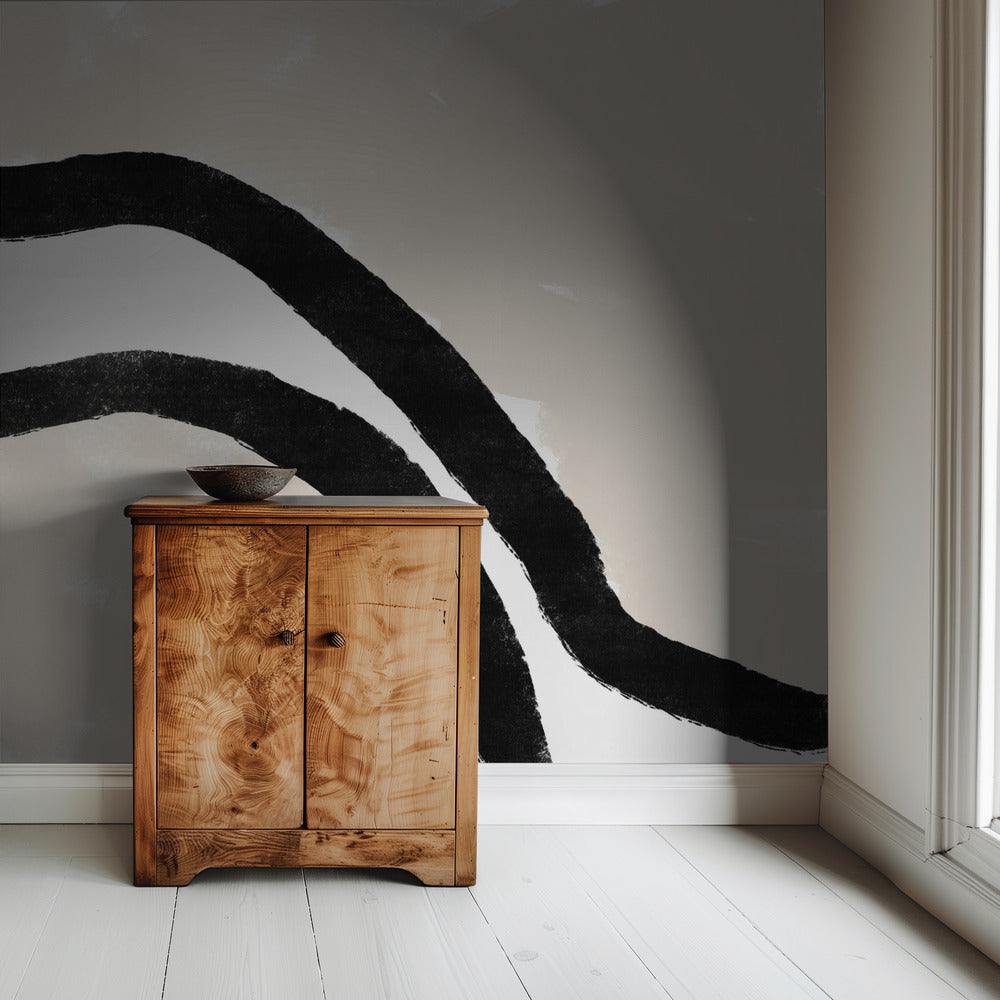 Zwarte rondingen op een getextureerde beige achtergrond | Behang