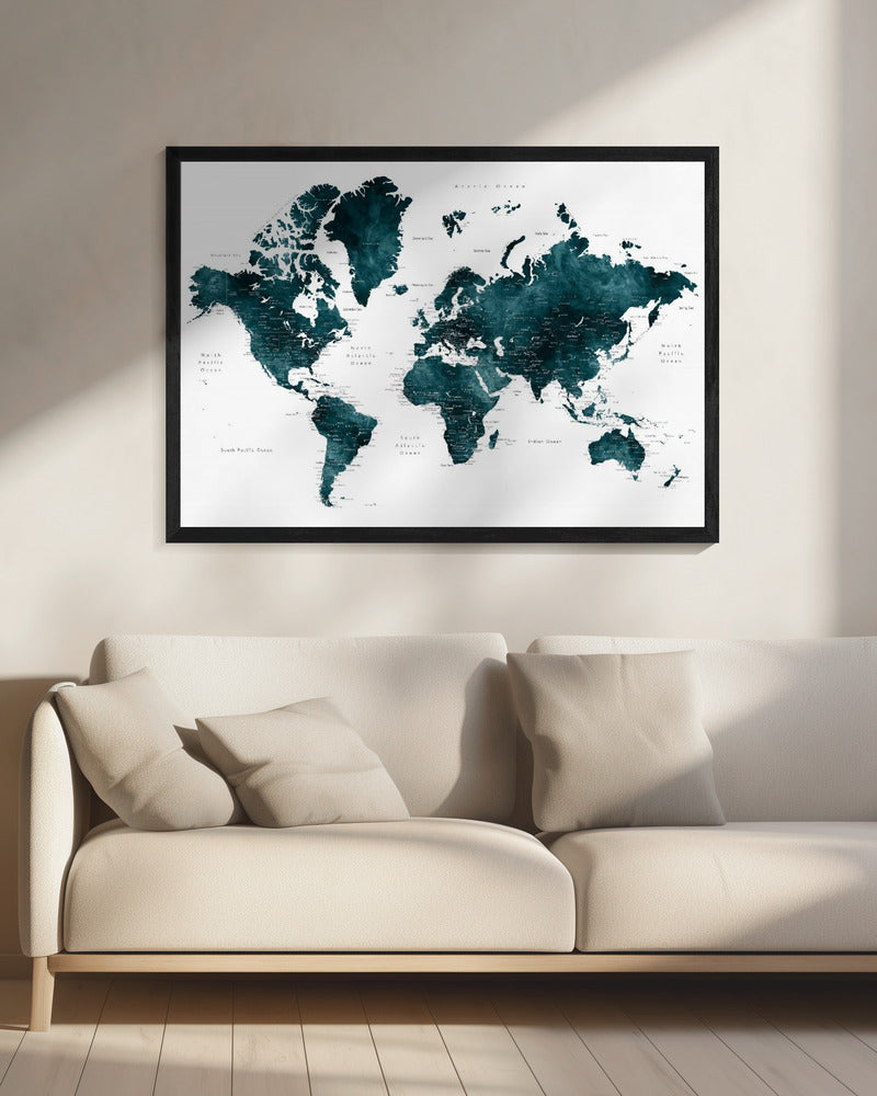 Donkerblauwe wereldkaart met steden, Makani | Canvas