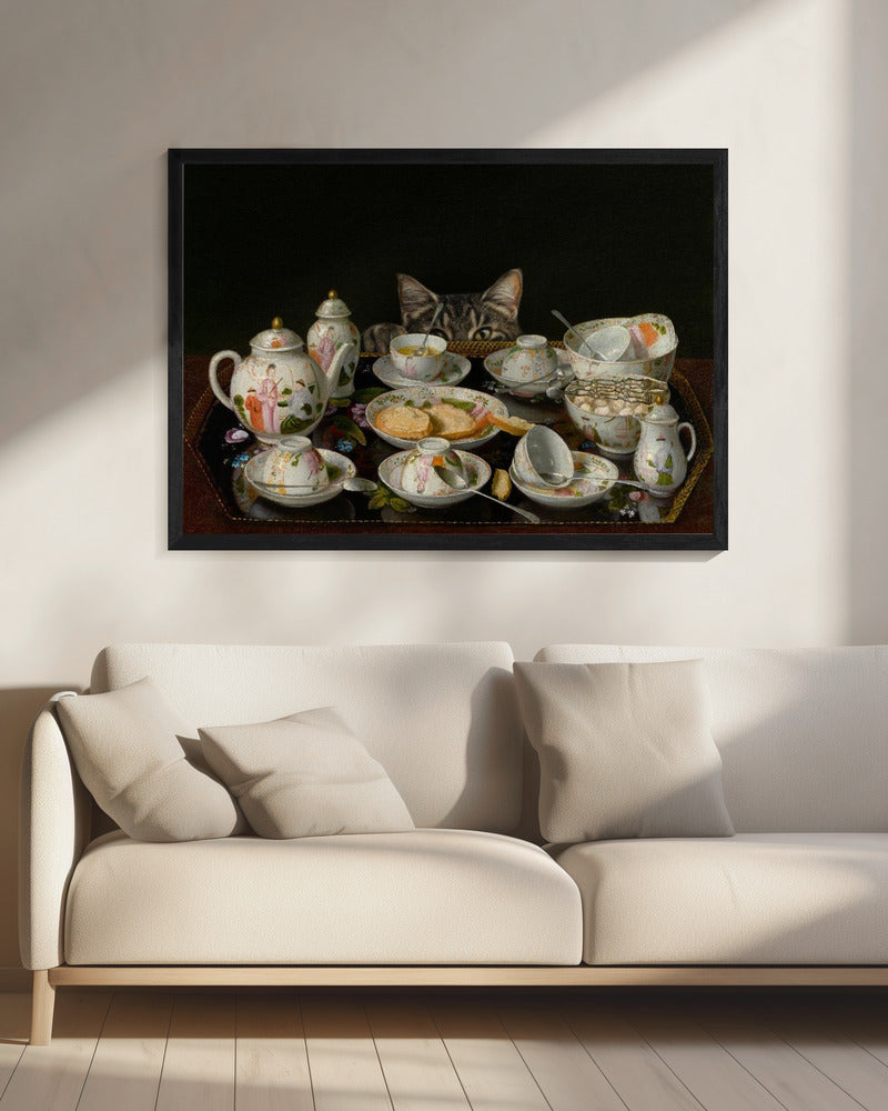 Een theeservies met een kat | Canvas