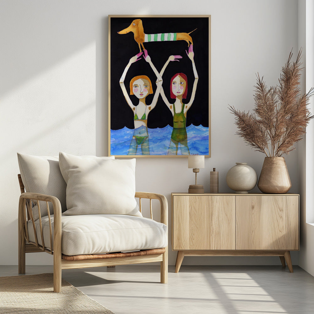 Zwemmende meisjes met teckel | Poster