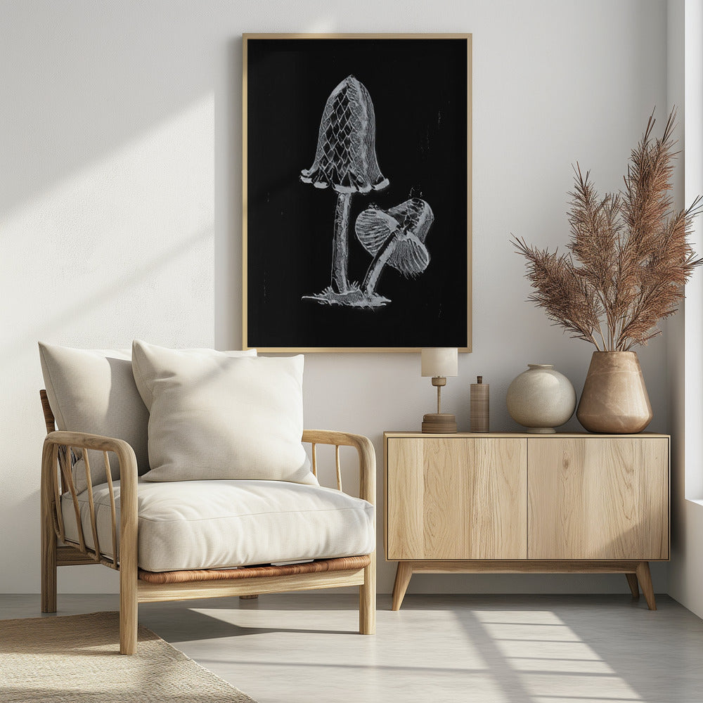 Vintage Inky Cap eetbare paddenstoel donker zwart-wit | Poster