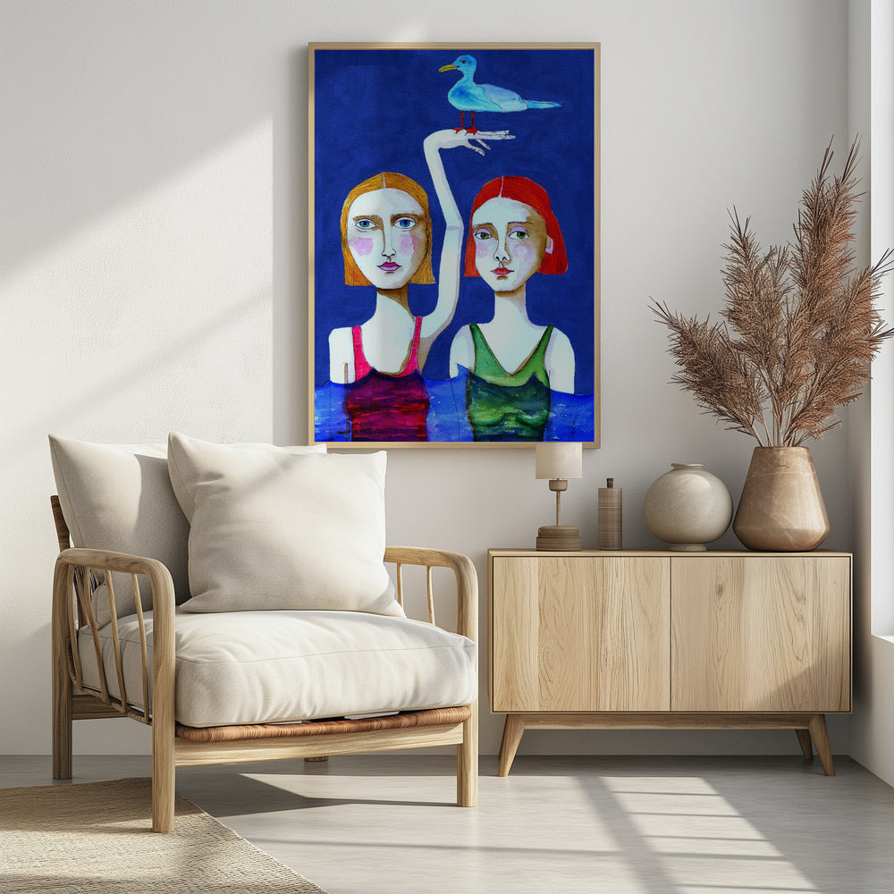 Zwemmende dames met blauwe vogel | Poster