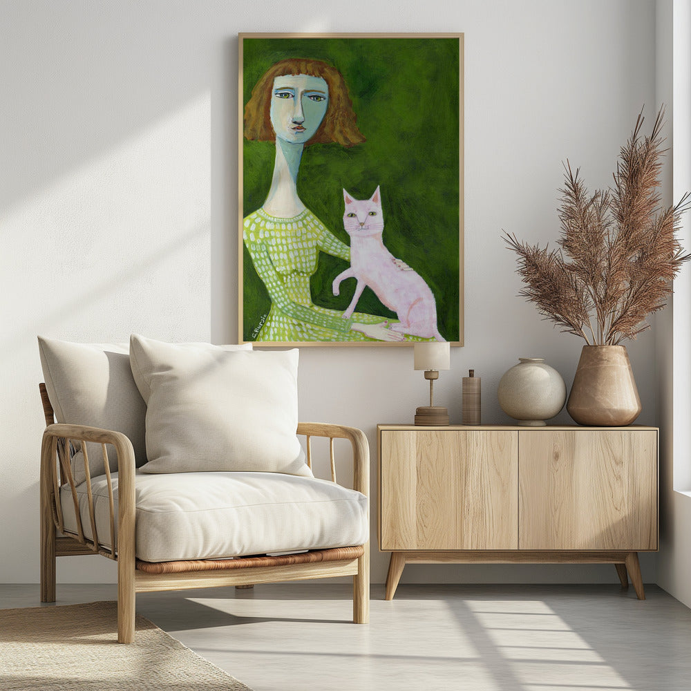 Kattenvrouw met roze kat | Poster