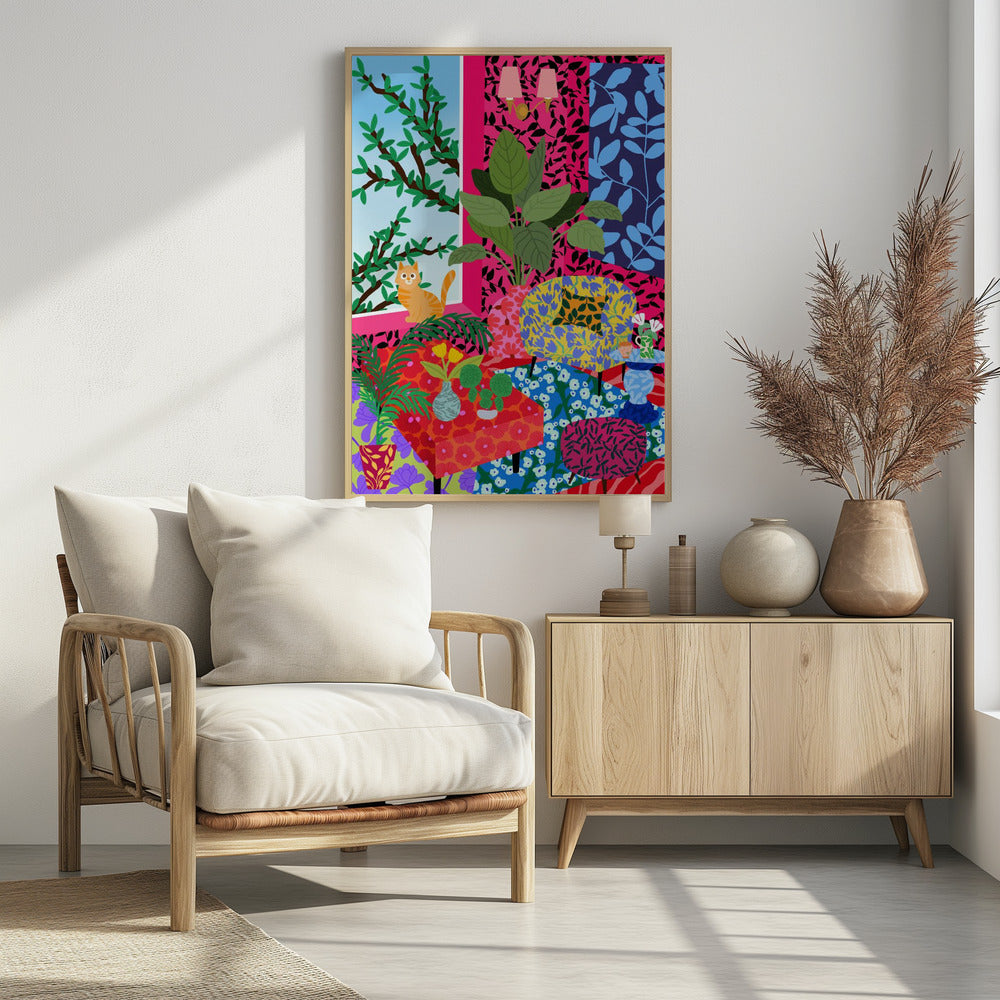 Kat in Flower Power Woonkamer | Poster