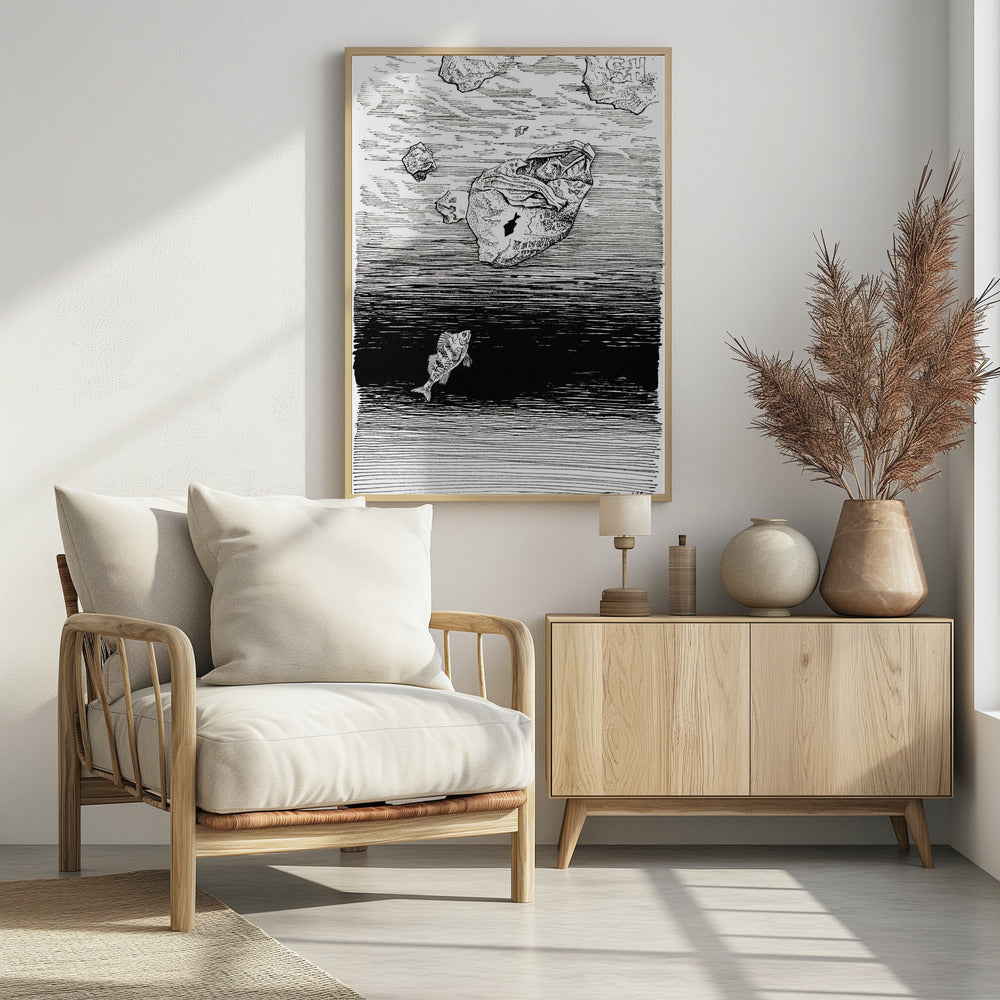 Midless. Een vis in de plastic zee. Inkttekening. | Poster