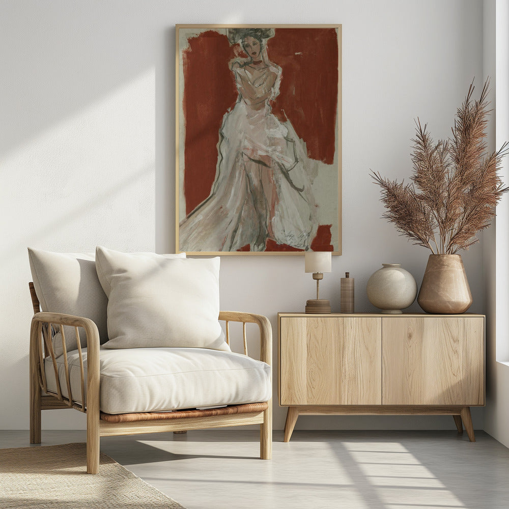 Stijlvolle vrouw in een vloeiende witte jurk | Poster