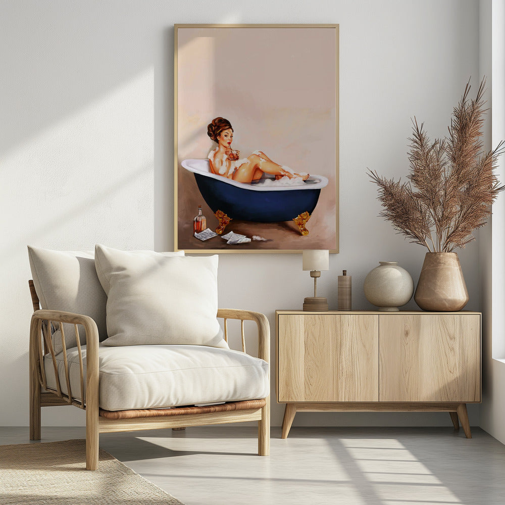 Badkuipdrankjes: Pinupmeisje drinkt in de badkamer | Poster