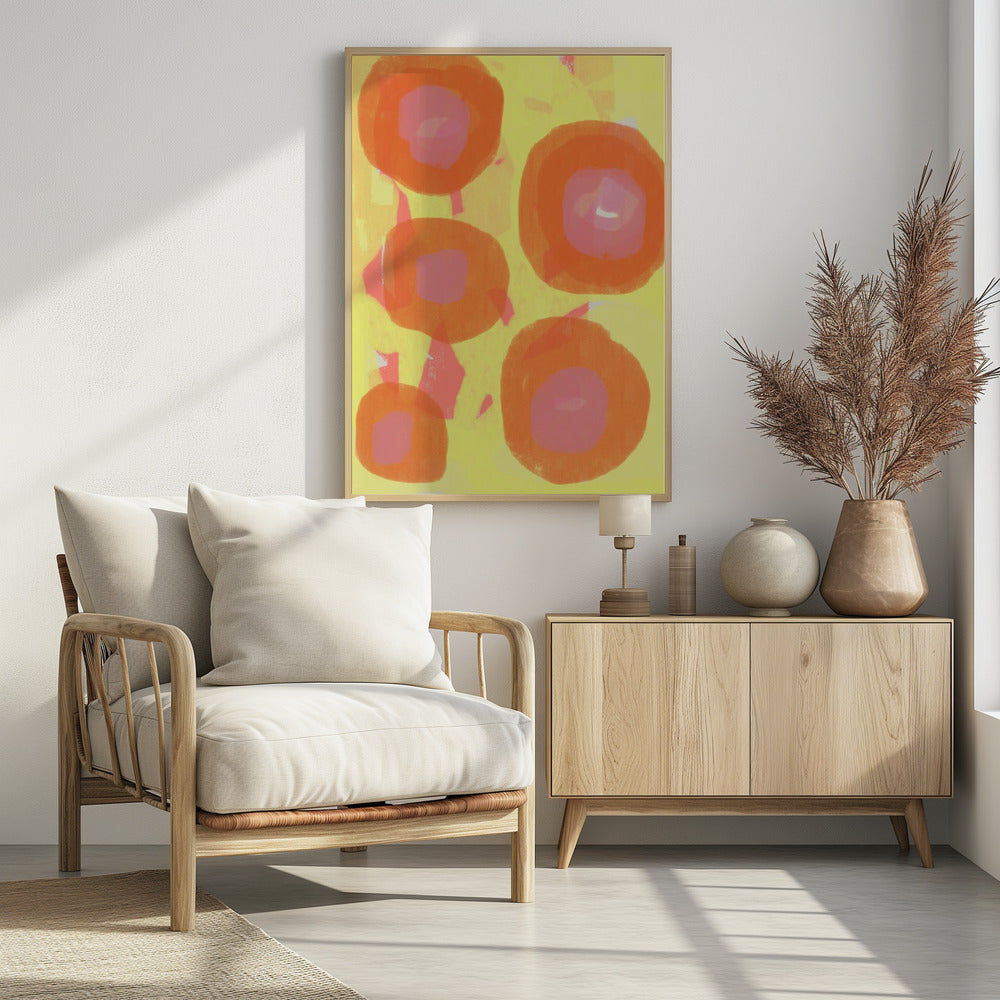 Abstract schilderij. Boho rozen in oranje en roze op geel. | Poster