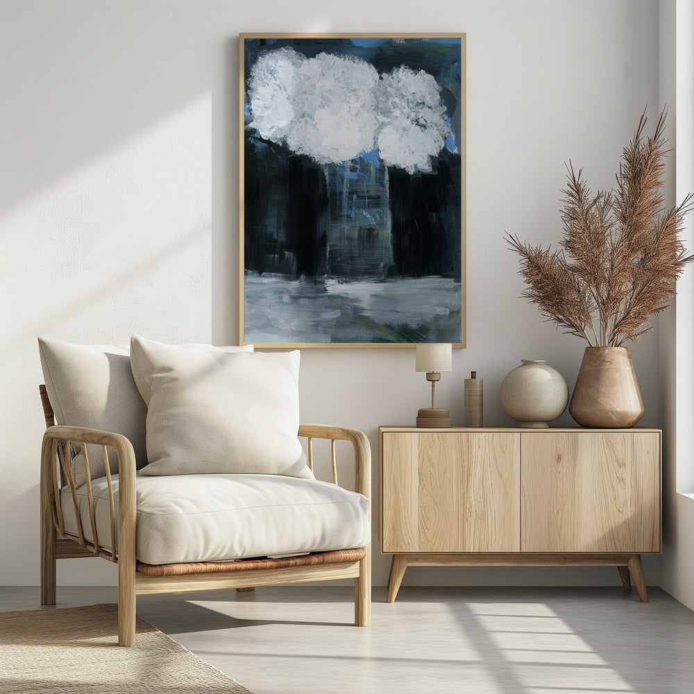Witte sneeuwbal Viburnum in vaas op zwarte achtergrond | Poster