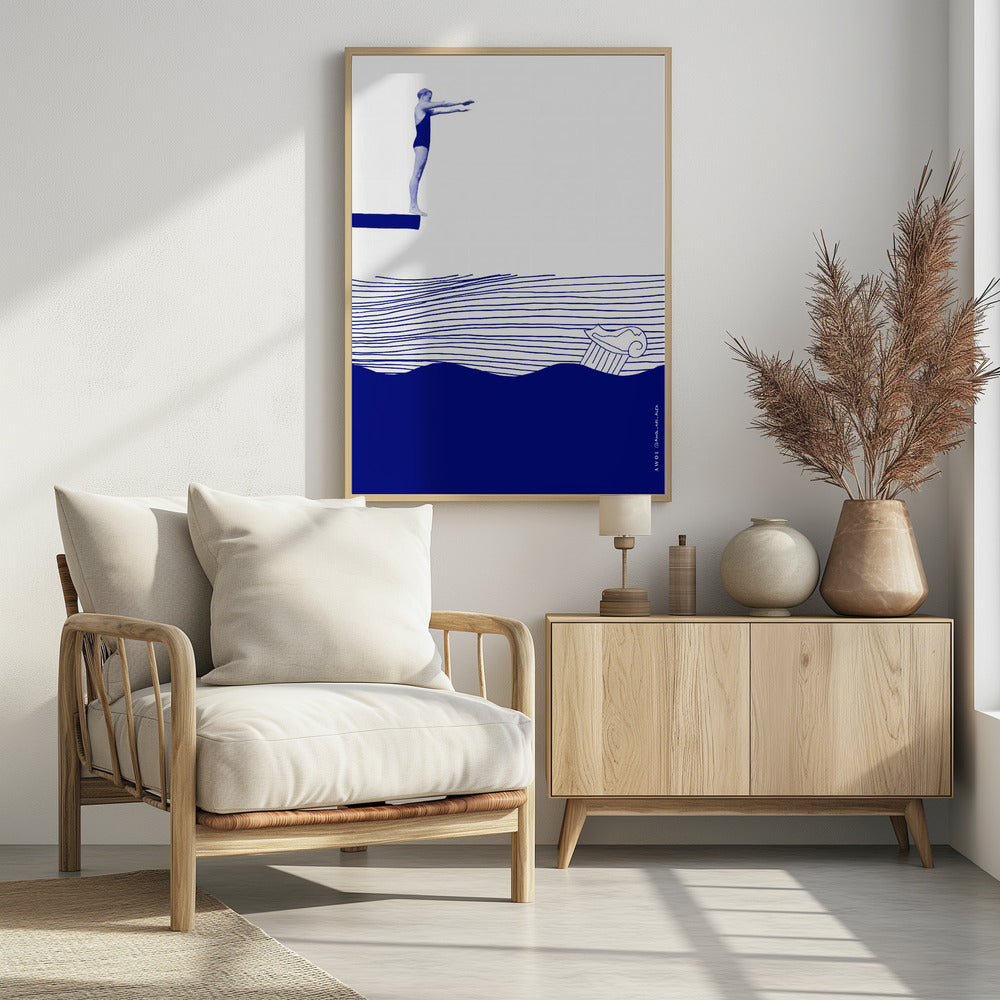 Modern Vintage Beach Wall Art, Nautical Art Print, Woman Swimming In Abstract Sea | Poster