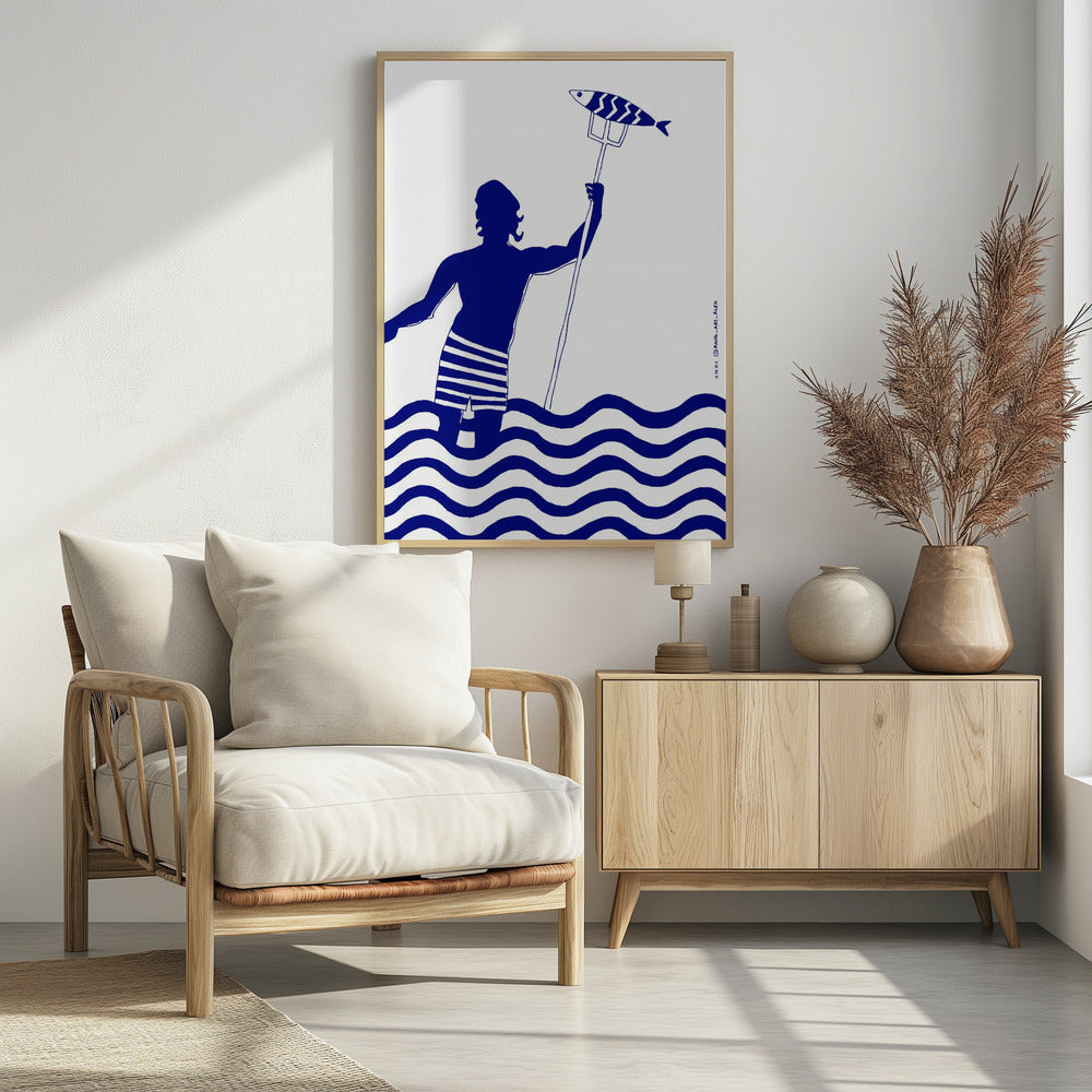 Modern Greek God Poseidon, Nautical Beach Art Print With Man Fishing In The Sea | Poster
