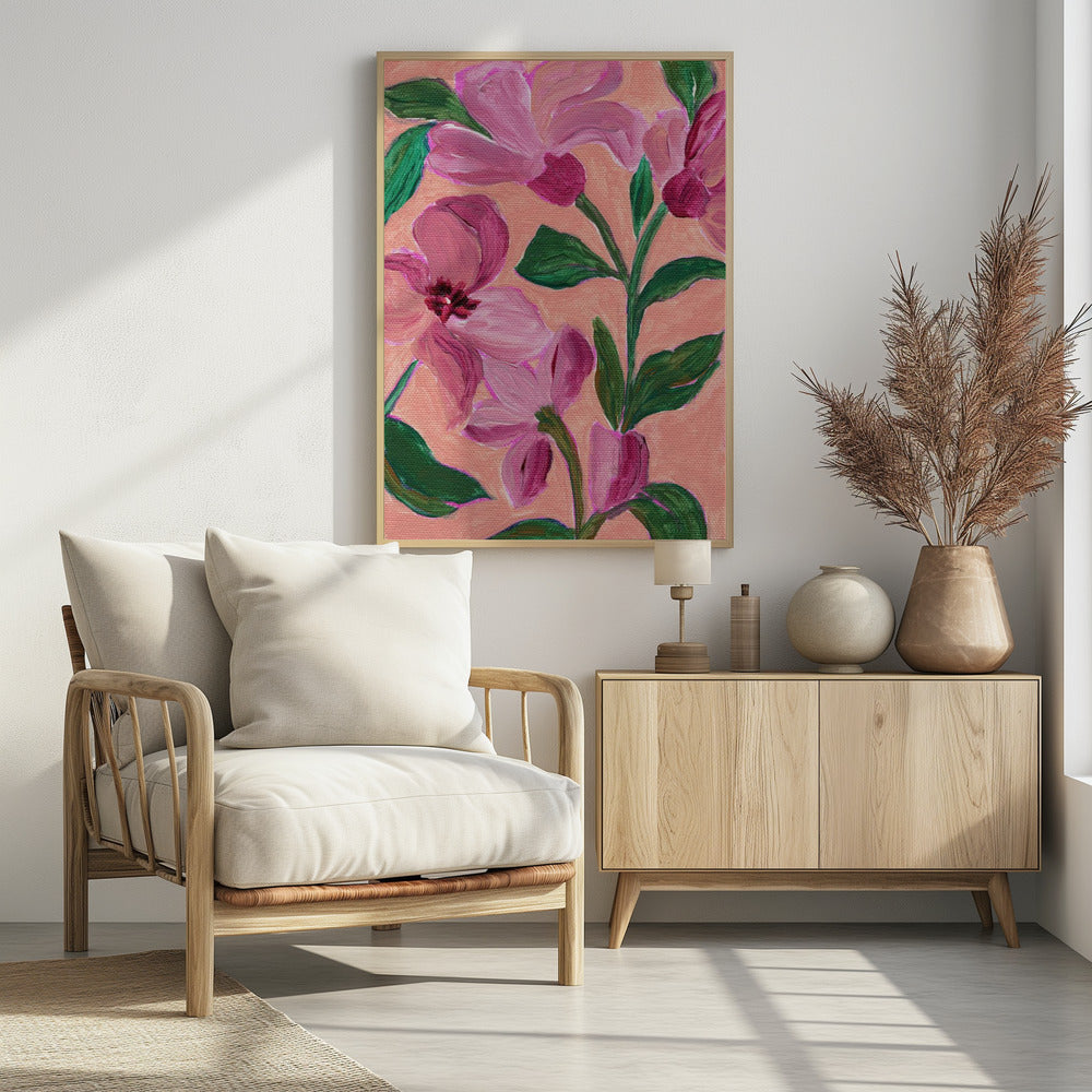 Roze bloemen met opvallende groene bladeren | Poster