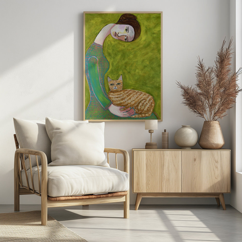 Bent Neck Lady met haar geliefde gemberkat. | Poster