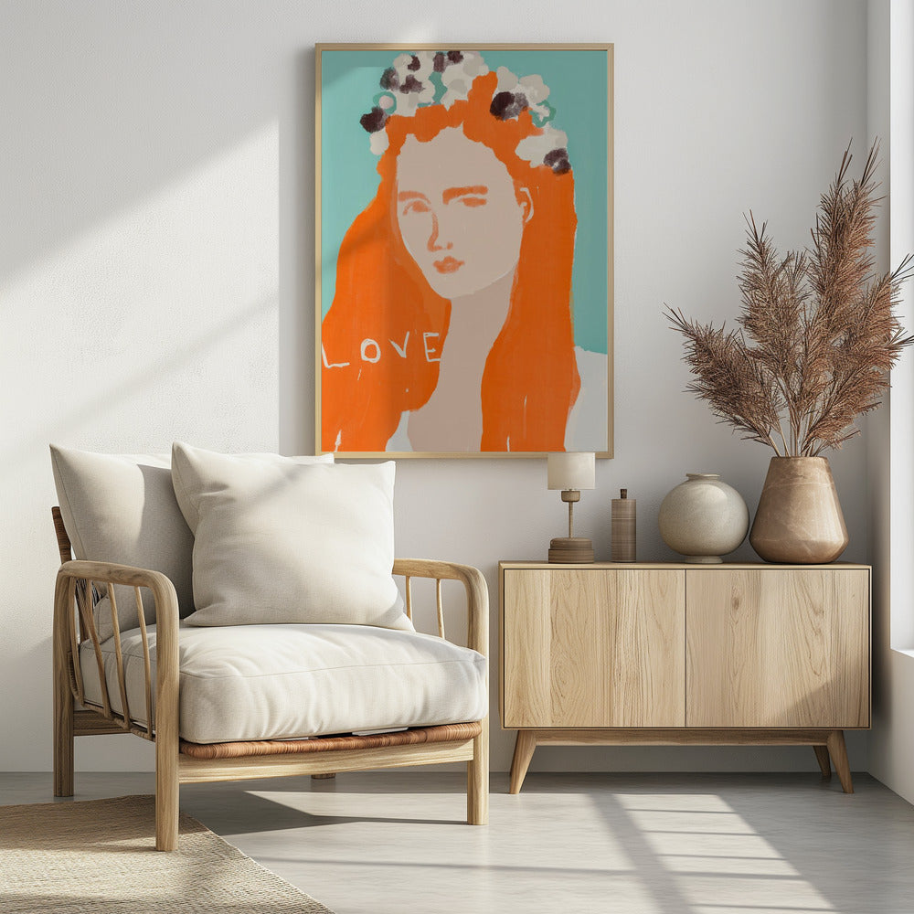 Vrouw met oranje haar versierd met bloemen | Poster