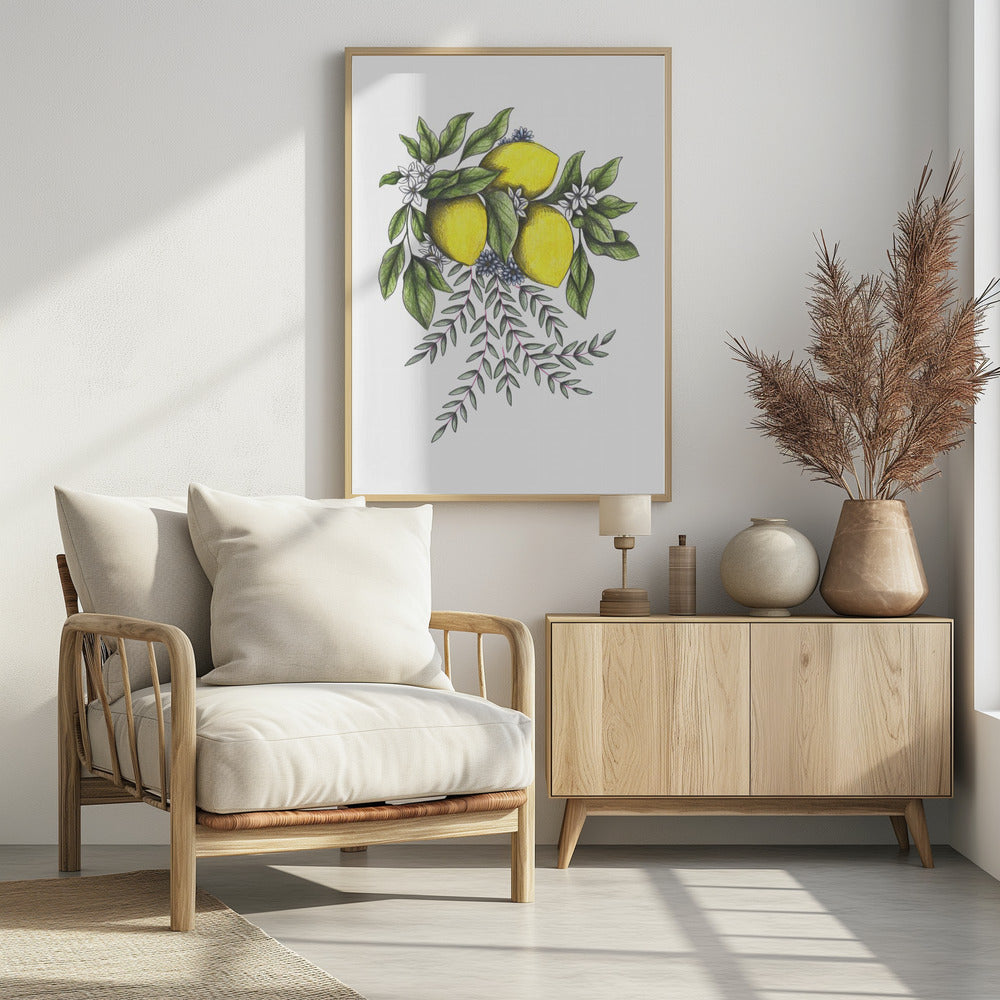 Citroenen en groene bladeren met delicate witte bloesems | Poster