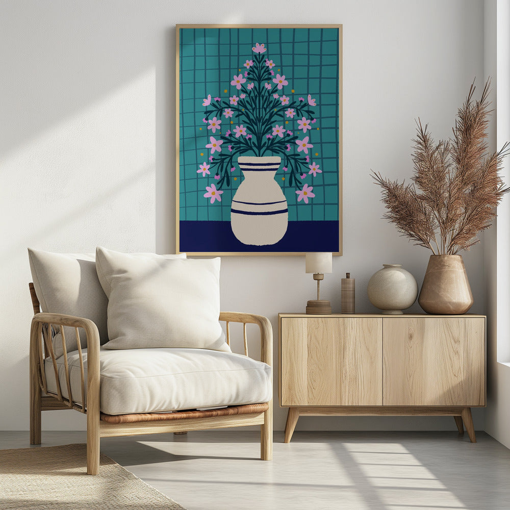 Turquoise bloemen in een vaas | Poster