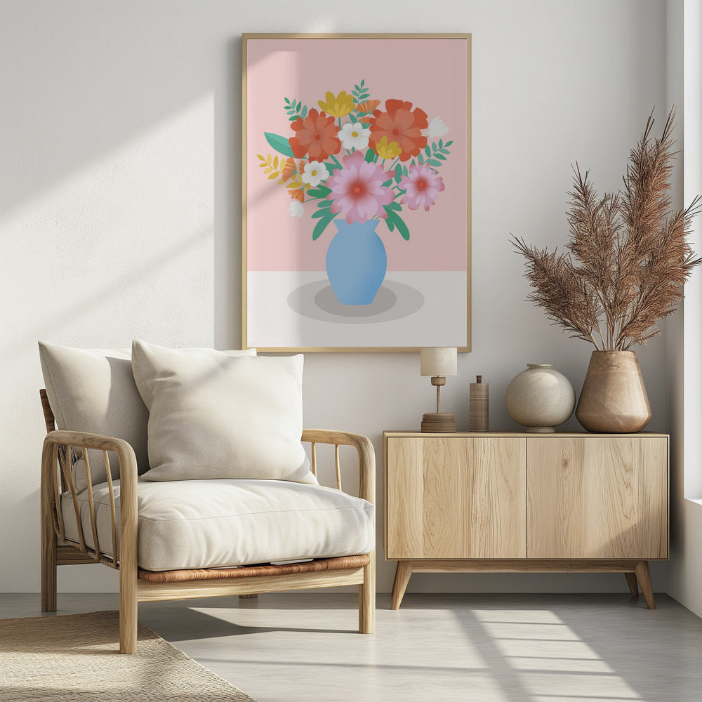 Levendig boeket bloemen in een blauwe vaas | Poster