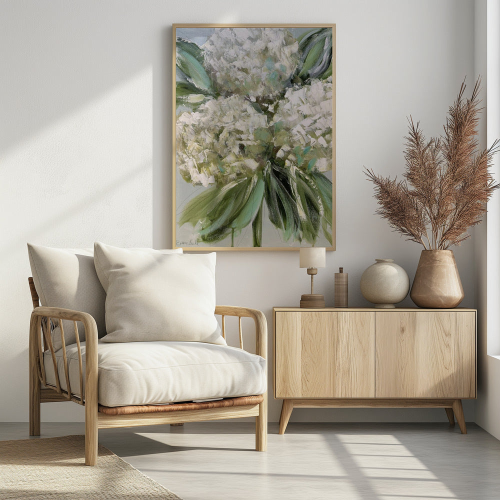 Witte hortensia's met weelderige groene bladeren | Poster