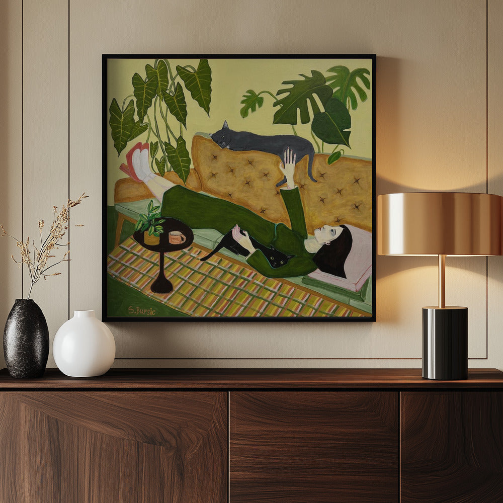 Kattenvrouw op de bank met een date | Poster