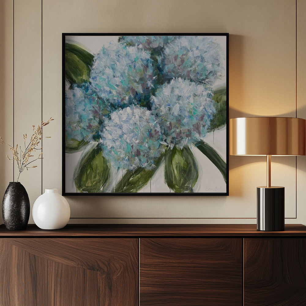 Blauwe hortensia's met groene bladeren | Poster