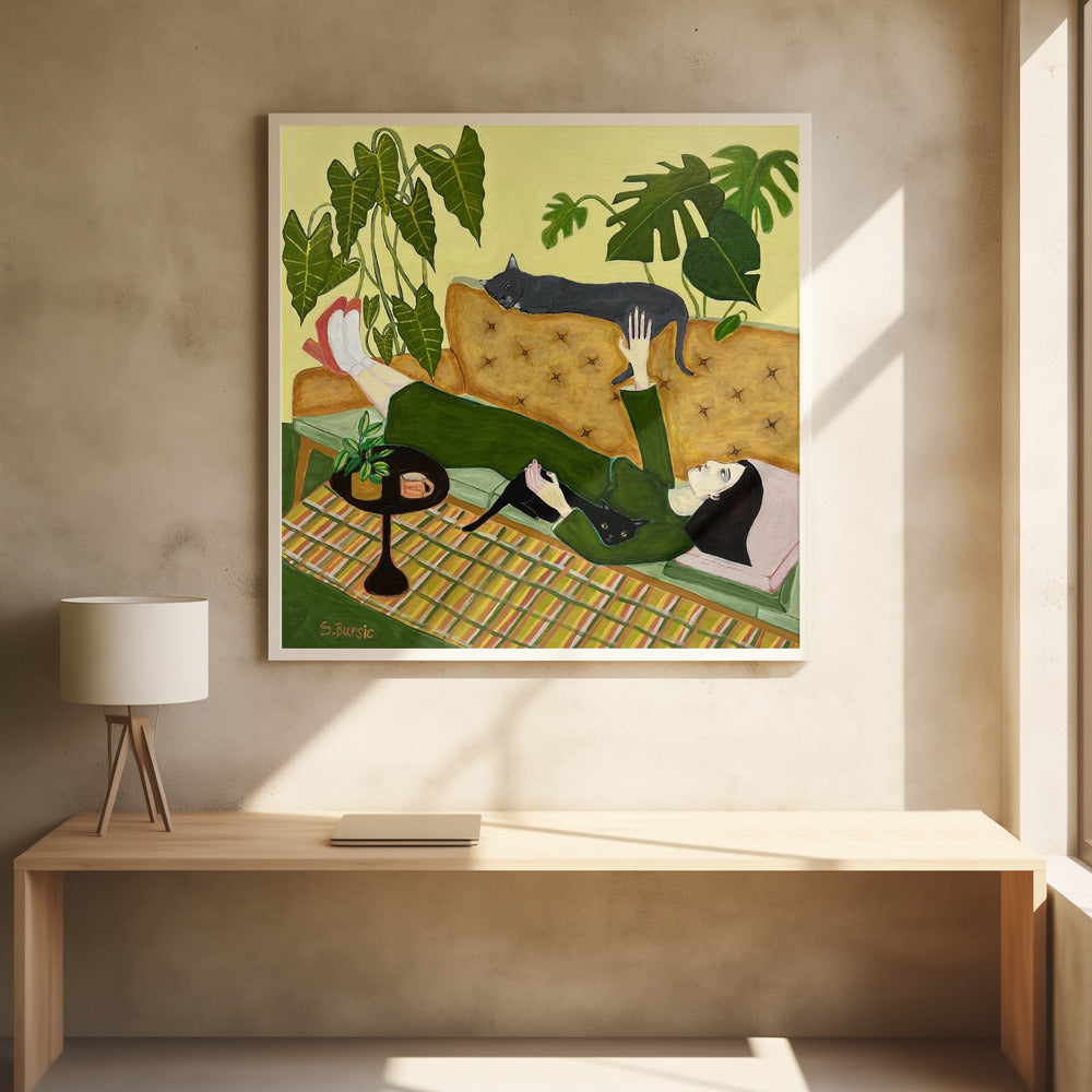 Kattenvrouw op de bank met een date | Poster