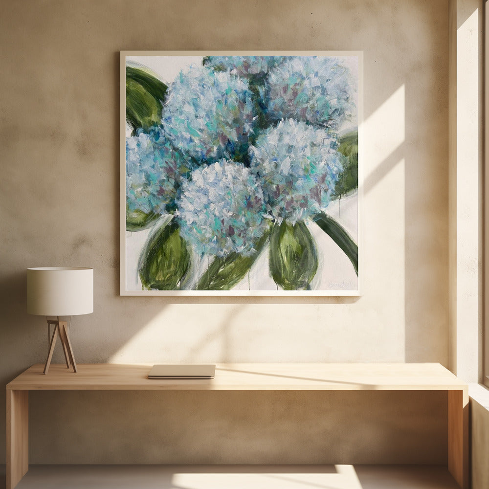 Blauwe hortensia's met groene bladeren | Poster