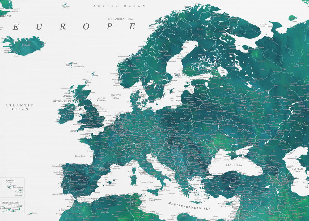 Blauwe gedetailleerde kaart van Europa | Canvas