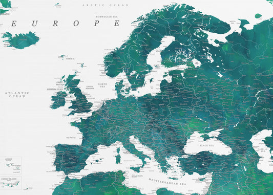 Blauwe gedetailleerde kaart van Europa | Canvas