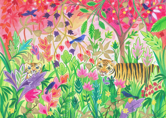 Jungle schilderij met weelderig gebladerte en exotische dieren | Canvas