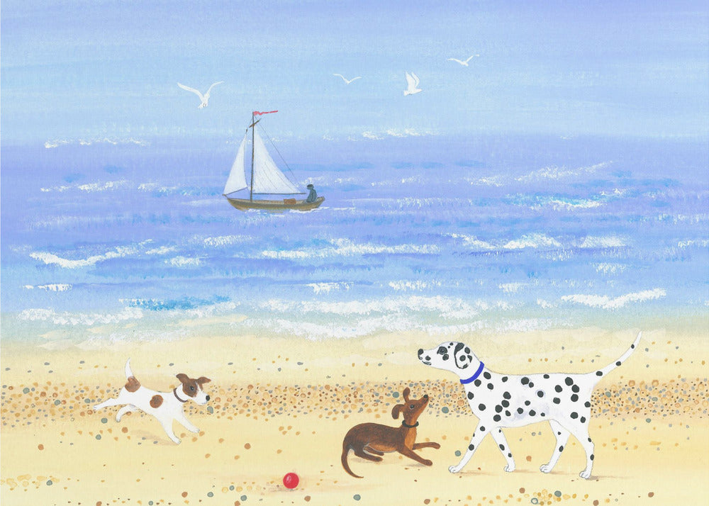 Hondje speelt op het strand | Poster