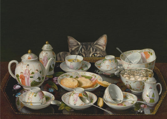 Een theeservies met een kat | Canvas