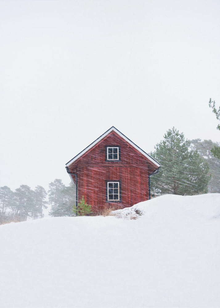 Oud rood huis tijdens sneeuwstorm | Poster