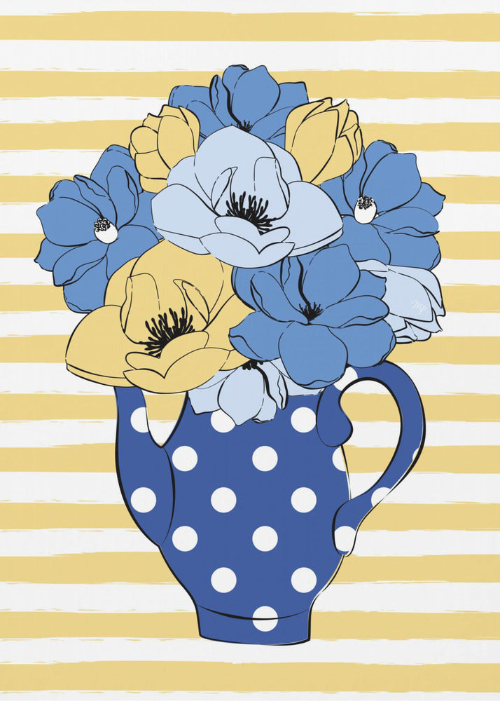 Blauwe en gele bloemen in een stippenvaas | Poster