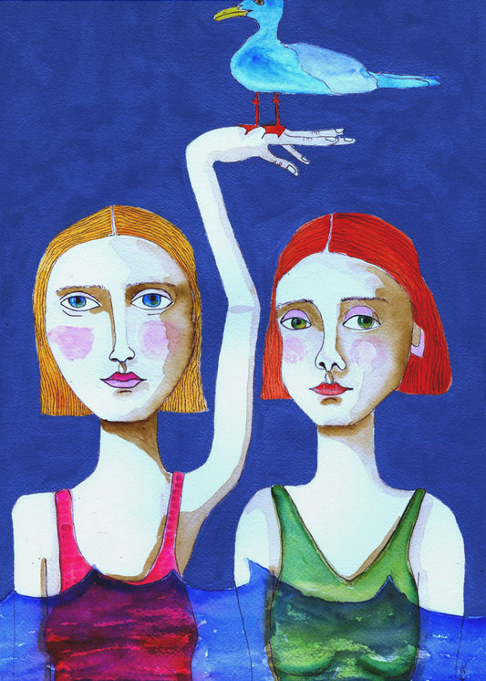 Zwemmende dames met blauwe vogel | Poster