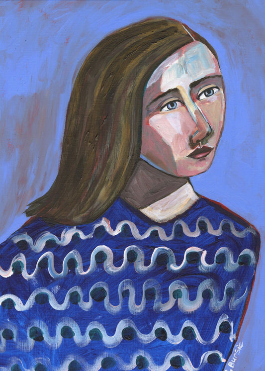 Vrouw in blauwe trui Naïef portret figuratief | Poster