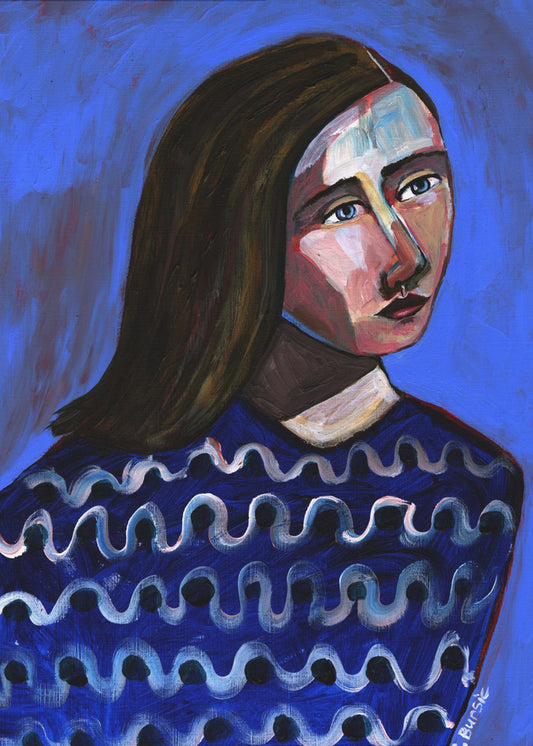 Vrouw in blauwe trui Naïef portret figuratief | Poster