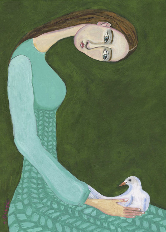 Dame zittend met witte duif | Poster