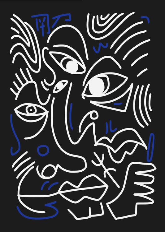 Witte en blauwe lijnen op een zwarte achtergrond | Canvas