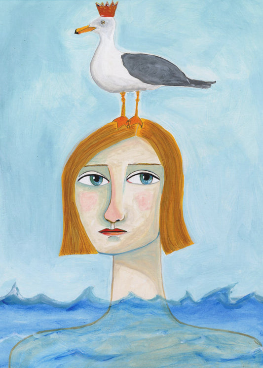 Nude Lady in Ocean with Seagull | Poster