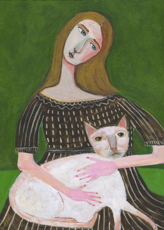 vintage lady with white cat | Poster